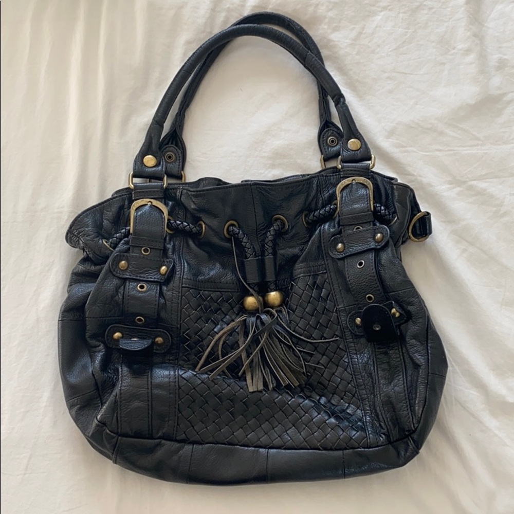 Nine West Black Leather Lattice Weave Tote